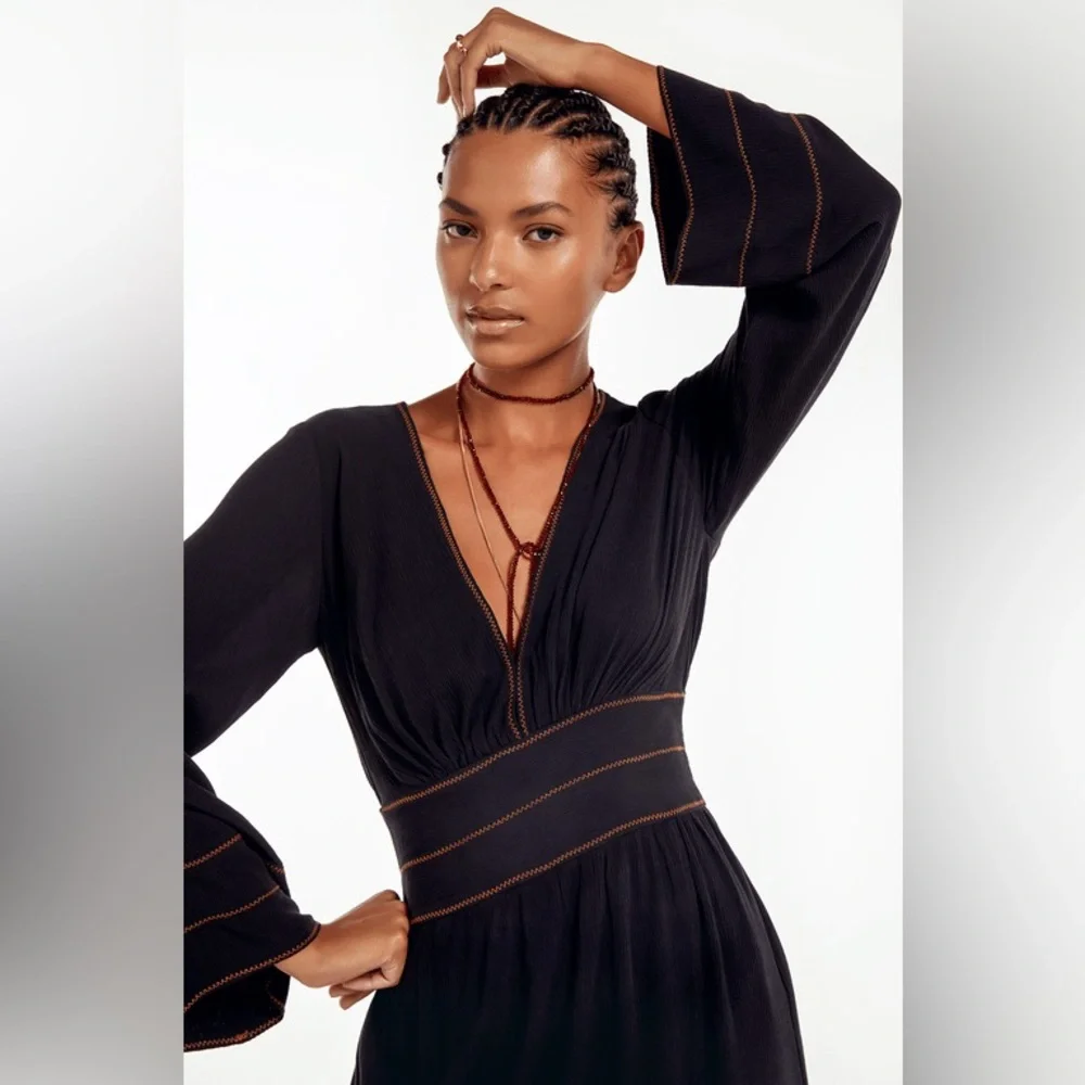 ViX Black Mini Dress Long Sleeve Deep V Waist Detail Resort Luxury NWT Size XS - Picture 4 of 15